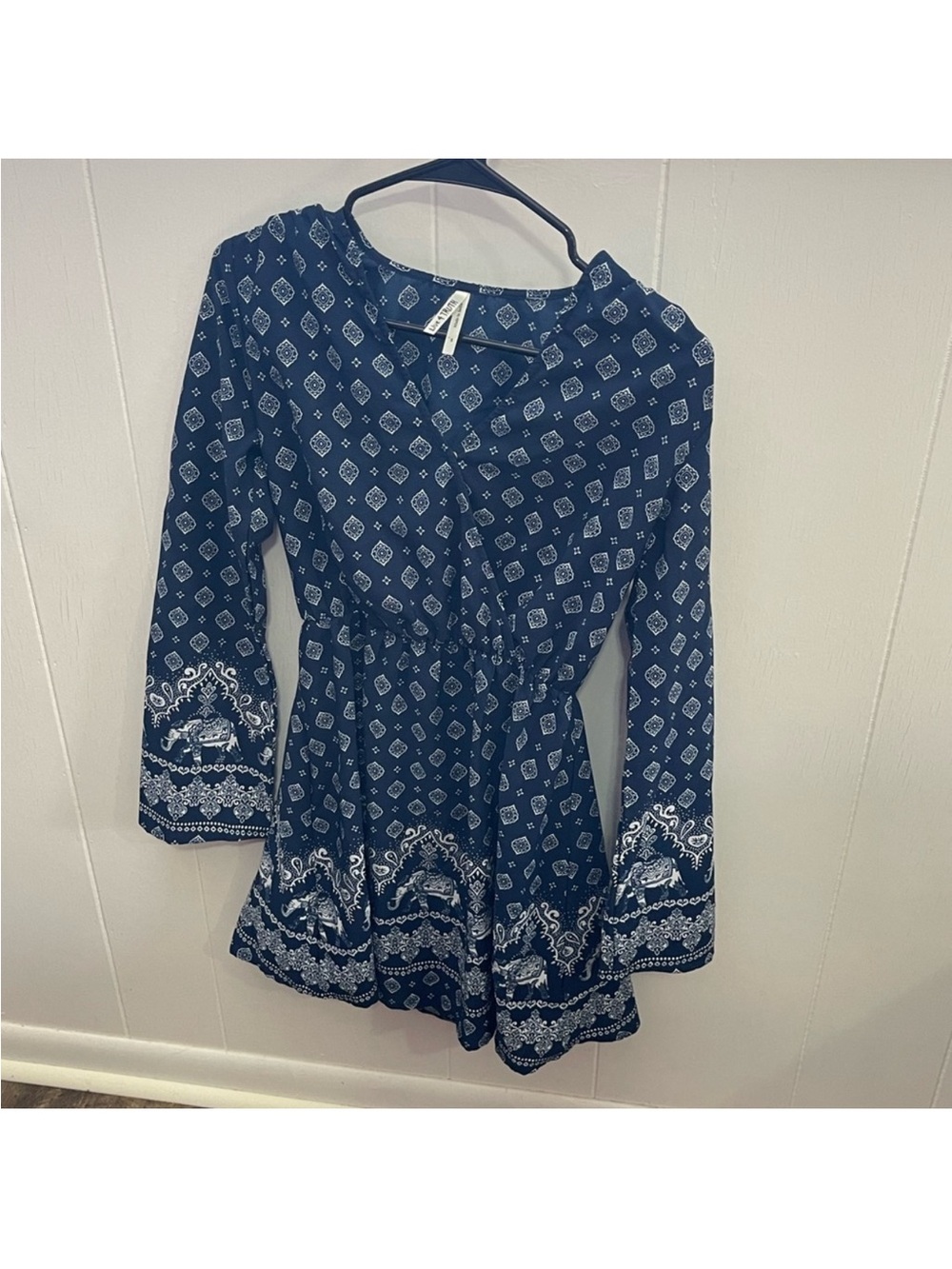 Women’s Navy Blue Printed Long-Sleeve Tunic dress